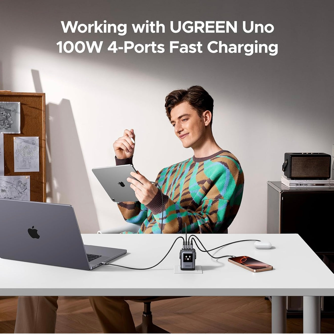 UGREEN UNO 100W USB C Charger 4-Port Nexode 100W GaN,LED Display,Compact Funny Fast Charger Type C Power